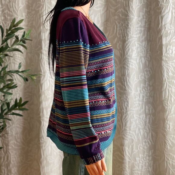 Vintage 90s Christopher & Banks Purple Blue Striped Sequined Cardigan Size L‎ - Picture 6 of 8